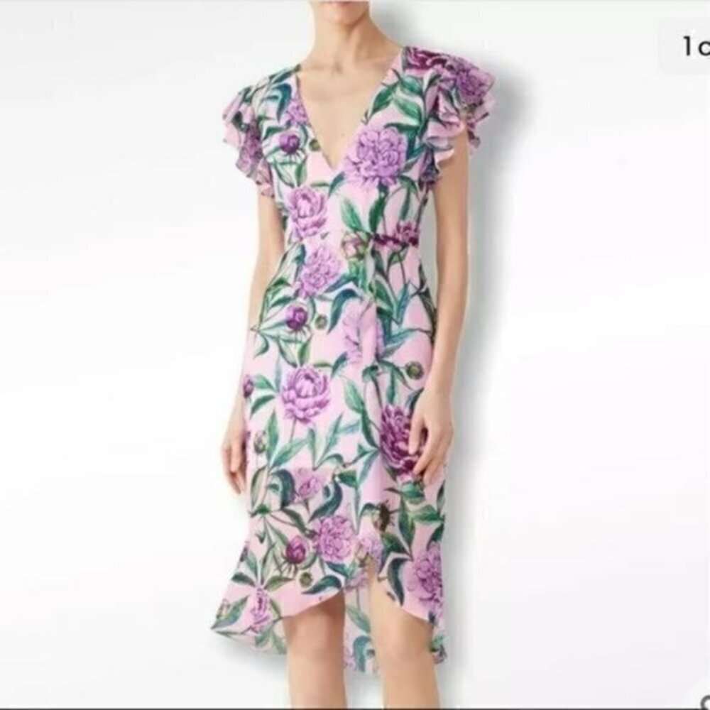 Vone Womens Geni Ruffle Sleeve Purple Green Floral Leaves Hi Lo Dress Size 6